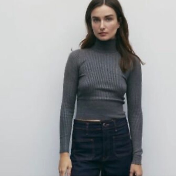 Zara Ribbed Knit Turtleneck Top Grey - Picture 2 of 11